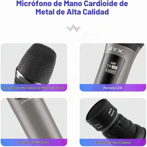 Vista 3 de JYX PartyBox - Micrófono inalámbrico, micrófono dinámico de mano UHF dual con receptor, salida de 0.250 in, adaptador de 0.138 in, voz clara Gris