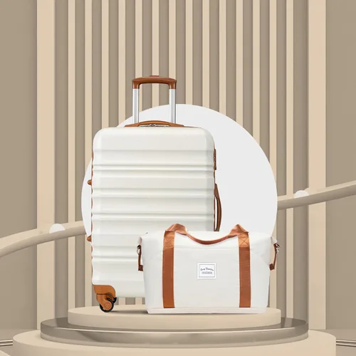 Vista 2 de LONG VACATION Juego de equipaje de 4 piezas de ABS hardshell TSA Lock Spinner Ruedas equipaje de mano en maleta, Blanco (White-Brown), Abs Hardshell