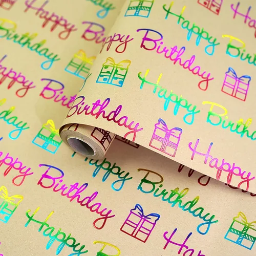 Vista 12 de Rollo de papel de regalo de cumpleaños, papel de regalo negro mate y dorado para mujeres, hombres, niños y niñas, diseño de globo de lámina dorada