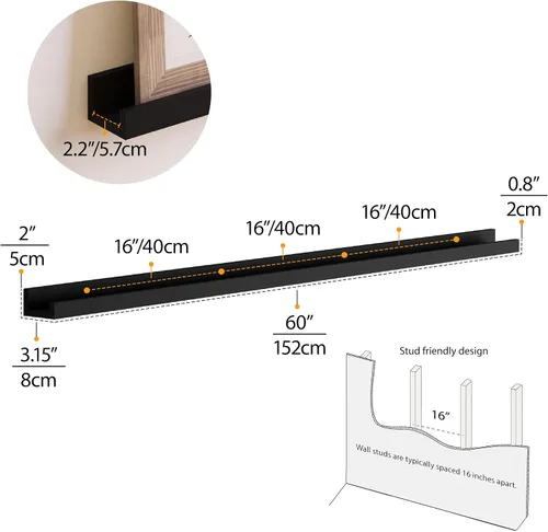 Vista 3 de Wallniture Denver - Juego de 2 repisas para fotos de 60 pulgadas para decoración de sala de estar, estantes flotantes largos negros para comedor