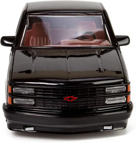 Vista 7 de All Star Toys 1992 Chevy C1500 454SS Pickup Truck a escala 1/24, modelo de coche fundido en metal negro con interior rojo Silverado 454 SS Motormax