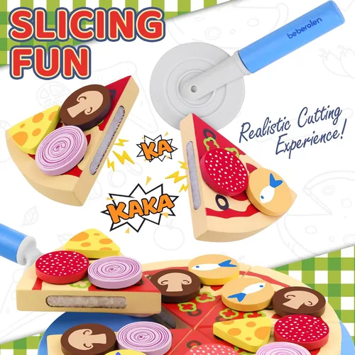 Vista 2 de Conjunto de Comida de Juguete de Pizza de Madera - 24 Piezas de Juguetes de Corte, Accesorios de Cocina de Juego de Simulación para Niños Pequeños