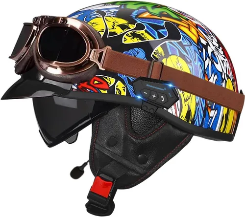Vista 7 de Casco de cara abierta con Bluetooth para hombres y mujeres, casco retro de estilo alemán con diseño de calavera, visera con gafas, casco de media