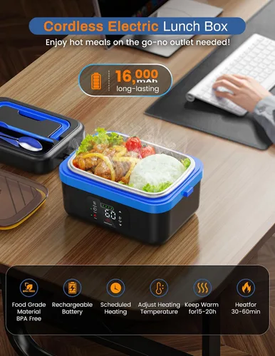 Vista 2 de Luckit Fiambrera eléctrica inalámbrica para adultos, 16000mAh alimentada por batería, calentador de alimentos autocalentable recargable de 1 litro
