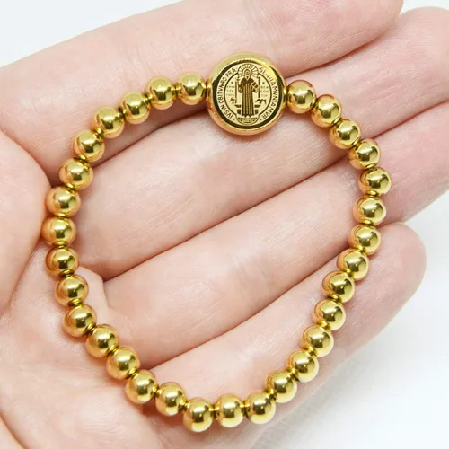 Vista 3 de AA Pulsera católica religiosa de acero inoxidable de San Benito (SSBSBFM-G), Metal