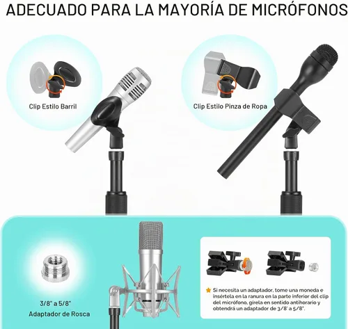 Vista 6 de CAHAYA Soporte de micrófono desmontable en el piso: soporte de micrófono resistente con base redonda pesada para teléfono y 2 clips de micrófono