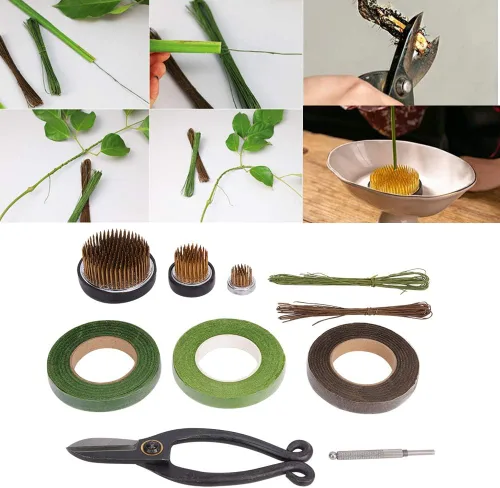 Vista 6 de Oumefar Arreglo floral Decoración Fijación Herramienta Set Flor Kenzan Hierro Alambre Tijera Ikebana Kenzan Japonés Flor Titular Cinta Kenzan