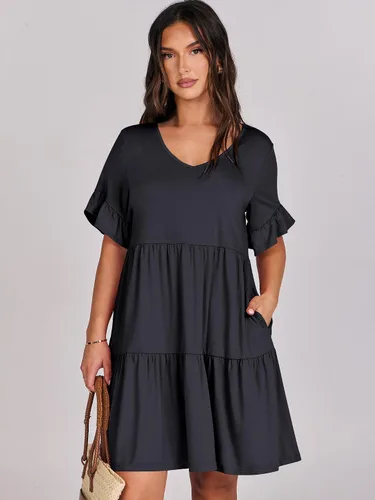 Vista 4 de ANRABESS Vestido de verano para mujer, con cuello en V, manga corta, con volantes, acampanado, escalonado, casual, minivestido de playa con bolsillos