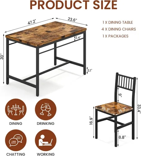 Vista 5 de Lamerge Juego de mesas de cocina para 4, juego de mesa de comedor rectangular con 4 sillas de respaldo, juego de mesa de comedor de 5 piezas