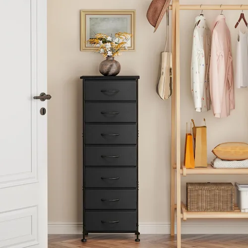 Vista 7 de Fixwal Cómoda negra alta y delgada para dormitorio, organizador de almacenamiento estrecho con 7 cajones de tela, muebles de mesita de noche