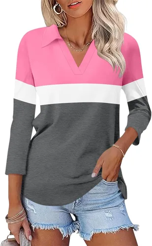 Vista 27 de TICTICMISS - Camisas polo de cuello en V para mujer, manga 3/4, con cuello, tops casuales de negocios, tops de verano a la moda, holgados