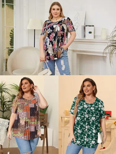 Vista 5 de Anydeer Blusas tipo túnica de talla grande para mujer, estilo casual, cuello redondo, plisadas, acampanadas
