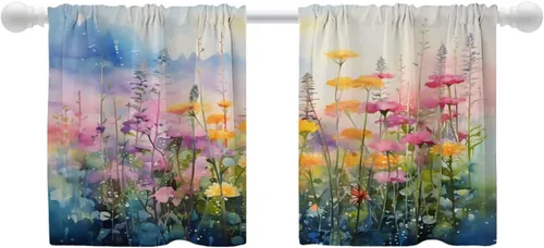 Vista 109 de Shrahala Floral Abstract Design Blackout Curtain Tiers, Minimalist Flower Illustration Kitchen Valance Light Blocking Tier Drapes with Rod Pocket, 2