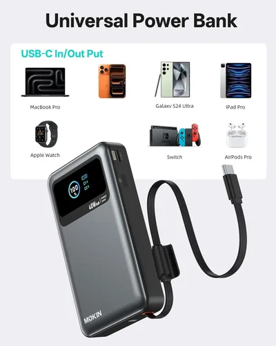 Vista 4 de MOKiN Cargador portátil de carga rápida de 40 W para Samsung iPhone Android, 10000 mAh 3 en 1 banco de energía con enchufe de pared, cable USB-C