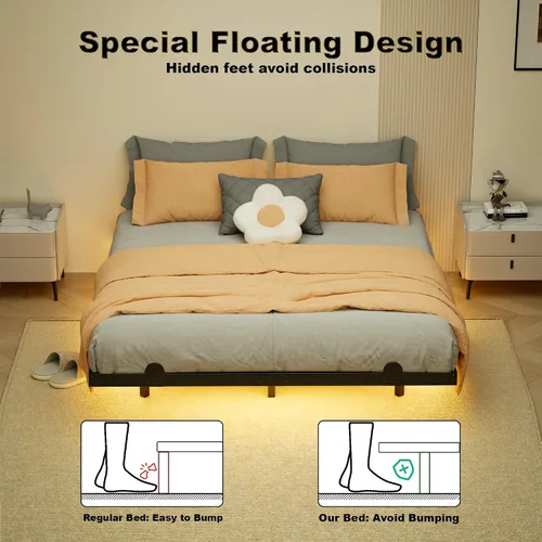 Vista 6 de LUKIROYAL Marco de cama flotante con luces LED inteligentes y estación de carga, marco de cama flotante de tamaño completo de 7 pulgadas con luces