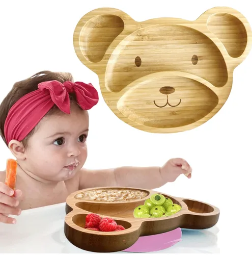Vista 9 de Platos de bambú para niños - Platos para bebés y niños pequeños con succión para alimentación y destete, diseño de oso ecológico que promueve