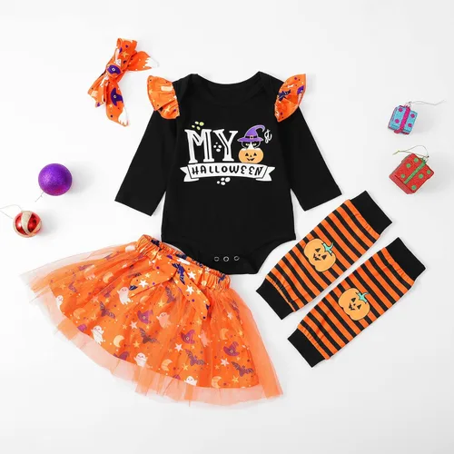 Vista 2 de URMAGIC Baby Girls My 1st Halloween Outfits Costumes Tutu Skirt Sets Pumpkin Ghost Outfits Newborn Romper Tulle Skirt