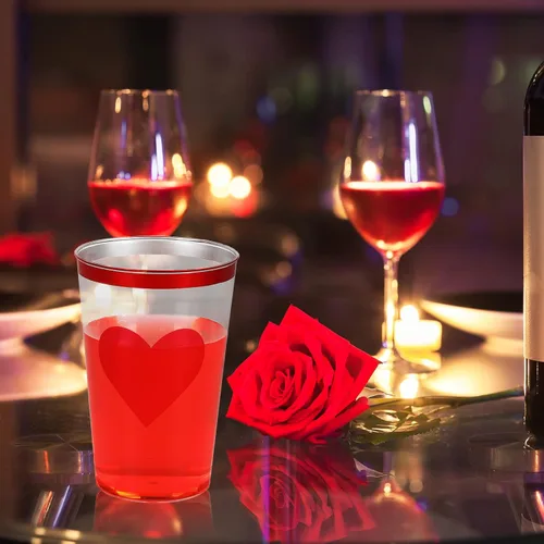 Vista 5 de Whaline Paquete de 32 vasos de plástico transparente para el día de San Valentín, vasos de plástico transparente de 12 onzas con borde rojo