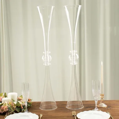 Vista 6 de Efavormart - Juego de 2 centros de mesa de trompeta con adornos de cristal transparente de 31 pulgadas, jarrón reversible de plástico para flores