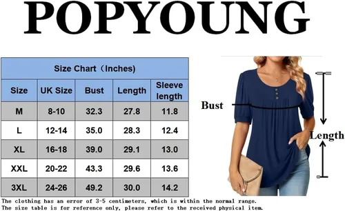 Vista 4 de POPYOUNG Túnica de manga corta abombada para mujer, estilo casual, con manga de codo, para leggings