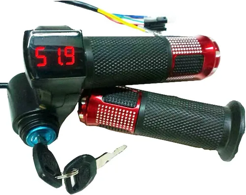 Vista 2 de Empuñadura del acelerador de bicicleta eléctrica, universal para bicicleta, acelerador giratorio con agarres rojos con pantalla LED e interruptor