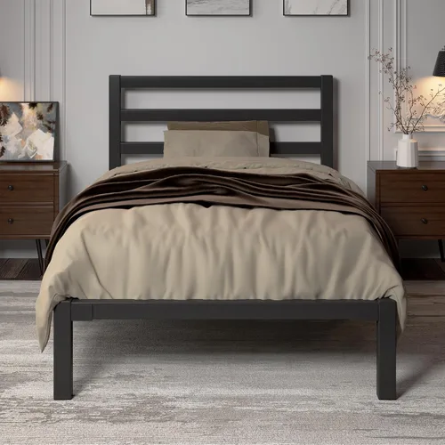 Vista 3 de LoVinson Marco de cama de metal tamaño individual con cabecero, listones de metal, color negro Sturdy Platform Bed Frame for Kids, Easy Assembly