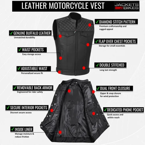Vista 9 de Jackets 4 Bikes SOA Chaleco de Motocicleta para Hombre, Cuero Genuino de Búfalo, Armadura Trasera, Bolsillos Interiores, Chalecos de Club de Negro