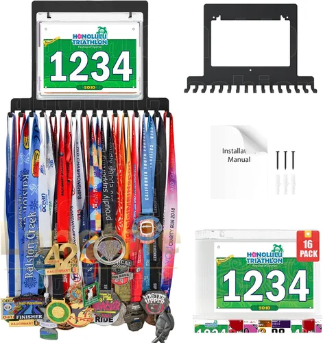 Vista 8 de Colgador de medallas para carreras, exhibición de medallas de maratón y colgador de medallas para corredores, exhibición de medallas con dorsal