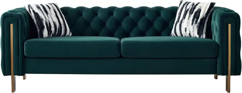 Vista 10 de Sofá/sofá moderno de terciopelo, sofá de sala de estar, sofá tapizado, sofá de dos plazas con patas doradas y 2 cojines para sala de estar Beige