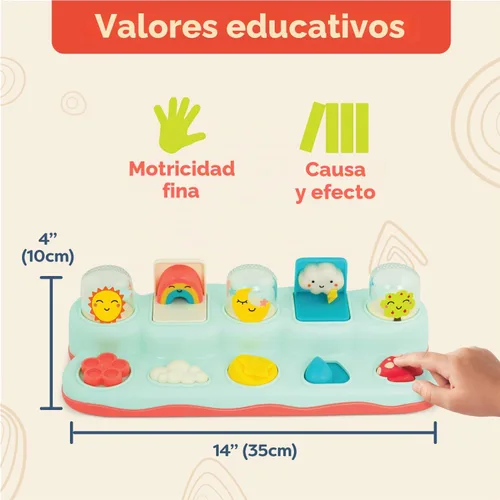 Vista 4 de B. toys Pop - Up Buddies - Juego de causa y efecto - Juguetes de aprendizaje para bebés - Juguete interactivo con sol, arco iris, estrella - 18+