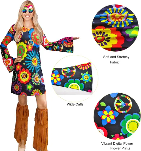 Vista 5 de ATAMET Disfraz hippie de los años 60 y 70 para mujer, ropa hippy, vestido de discoteca para adultos, disfraz de fiesta de los años 70