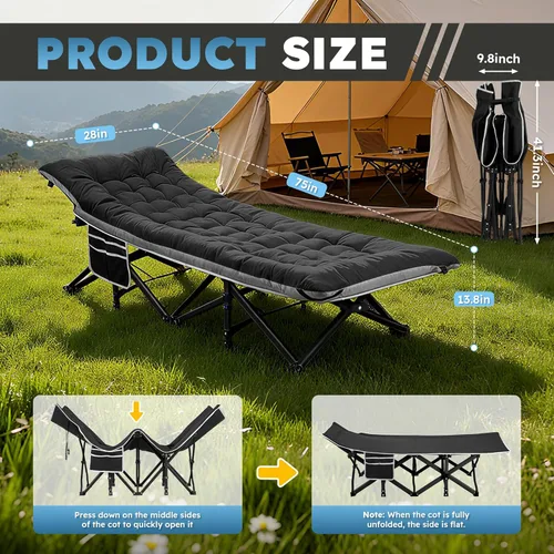 Vista 6 de HABUTWAY Catre de campamento, catre portátil para adultos, catre para dormir de 28 pulgadas de ancho, carga máxima de 600 libras con colchón grueso