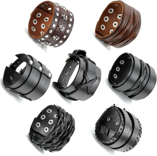 Vista 3 de Brazaletes de cuero trenzado ajustable Aroncent con botón a presión, estilo rockero o motociclista - 2-4