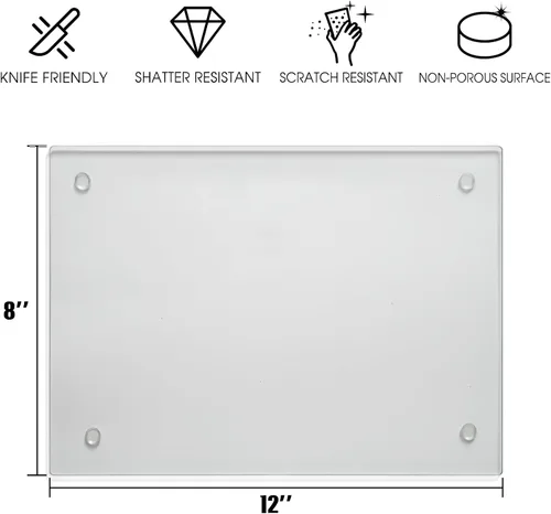 Vista 7 de Tabla de cortar de vidrio templado para cocina, tabla de cortar pequeña de vidrio de 12 x 8 pulgadas, tablas de cortar transparentes con pie
