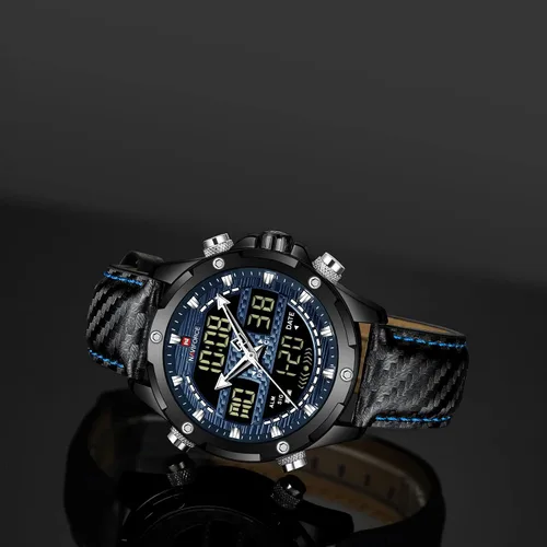 Vista 3 de NAVIFORCE Reloj analógico digital militar de cuarzo para hombre, movimiento de cuarzo japonés, resistente al agua, 3ATM, reloj deportivo de cuero