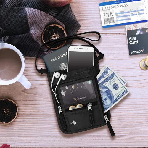 Vista 7 de WALNEW Soporte para pasaporte para el cuello cartera de viaje con bloqueo RFID 7 bolsillos con correa ajustable para el cuello para mantener tu