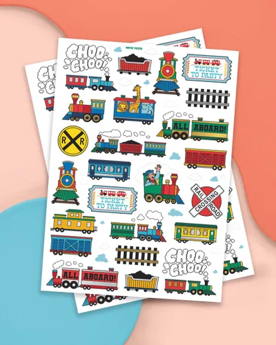 Vista 2 de xo, Fetti Suministros de fiesta de tren tatuajes temporales para niños, 48 estilos, cumpleaños de trenes, recuerdos de fiesta Choo Choo
