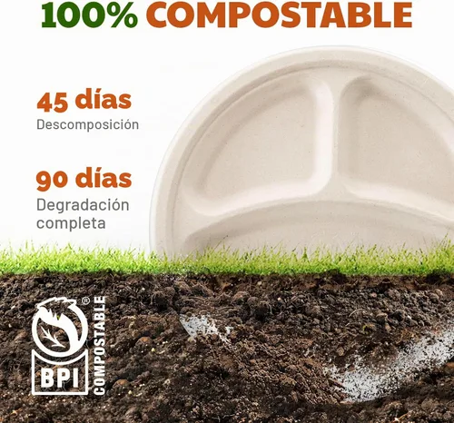 Vista 4 de Platos de papel compostables de 3 compartimentos, 125 unidades, 10 pulgadas, bandejas divididas desechables resistentes para el almuerzo, platos