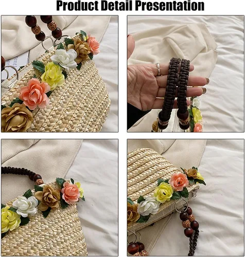 Vista 2 de Bolso de mano de paja de flores para mujer, bolso de hombro con asa trenzada retro de verano, bolso de hombro bohemio para playa y viaje