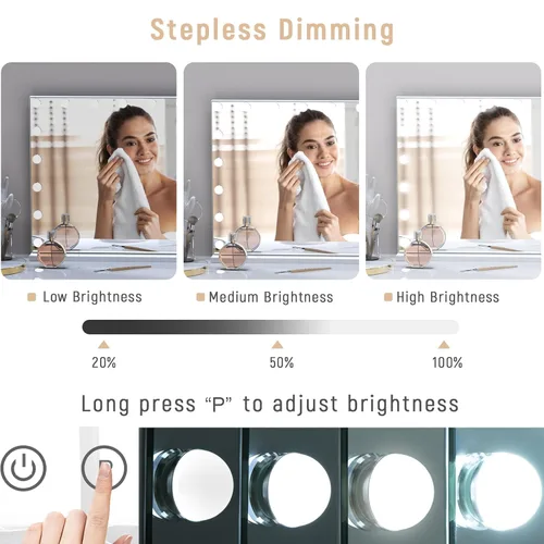 Vista 3 de Espejo de tocador de maquillaje con luces, 10 x 15 bombillas LED regulables, 3 modos de color, control táctil para dormitorio, mesa o pared