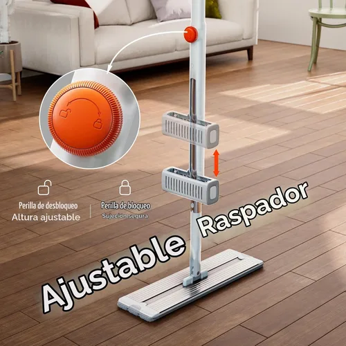 Vista 9 de Trapeador de microfibra autoescurridor, trapeador plano manos libres con hoja para escurrir, panel de aluminio, secado húmedo para apartamentos