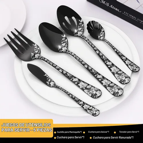 Vista 3 de Stapava - Juego de cubiertos negros de 53 piezas con utensilios para servir, juego de cubiertos para 8, cubiertos de acero inoxidable, juego