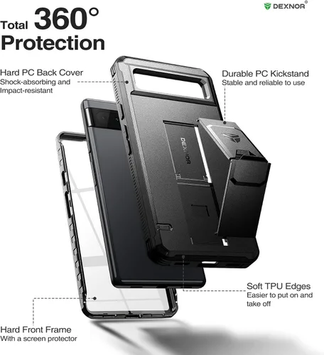 Vista 6 de Dexnor Funda de cuerpo completo para Google Pixel 6A, [protector de pantalla y soporte integrados] resistente protección de grado militar a prueba