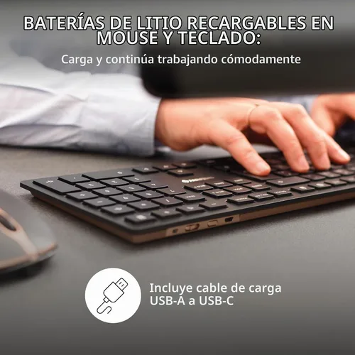 Vista 3 de CHERRY DW 9100 - Combo de teclado y mouse inalámbrico delgado, recargable Negro y bronce.