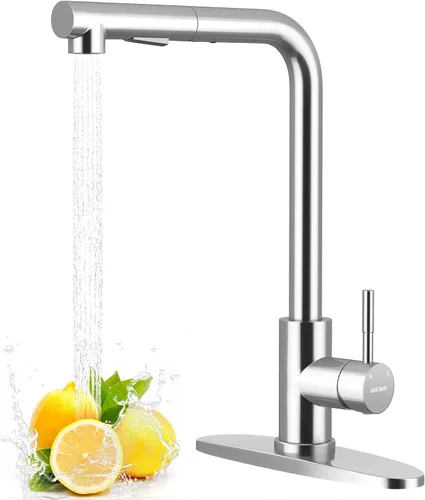 Vista 12 de WEWE Grifo de cocina de acero inoxidable de 14.5 pulgadas de alto con rociador extraíble, grifo de fregadero giratorio de 360° de níquel cepillado
