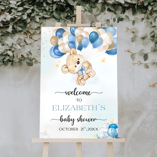 Vista 4 de Letrero de bienvenida personalizado para baby shower con soporte, decoración temática de baby shower con globo, decoración de oso para baby shower