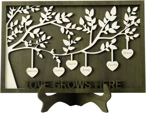 Vista 42 de Árbol genealógico con etiqueta de corazón, placas de madera grabadas personalizadas, regalos personalizados para madres, padres, escritorio, nombres