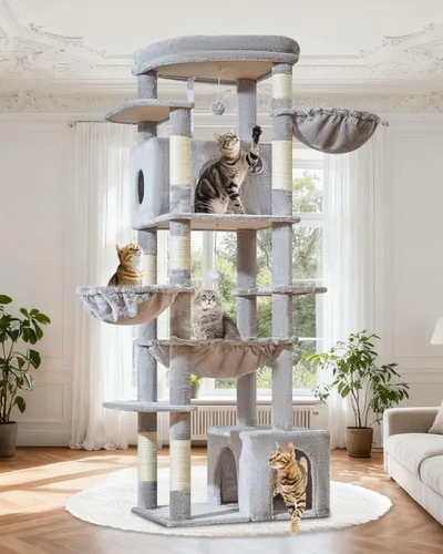Vista 10 de Taoqimiao Árbol para gatos de 72 pulgadas, torre XXL para gatos de interior y adultos, plataforma extragrande, 2 casas para gatos, 7 postes