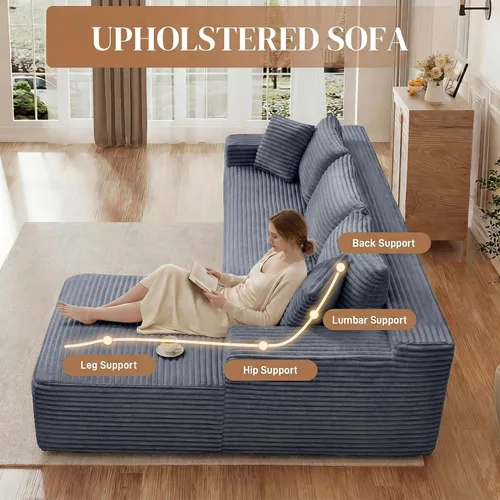 Vista 5 de Sofás seccionales sin hueso en forma de L de 95 pulgadas para sala de estar, moderno y cómodo sofá modular de pana comprimida de espuma