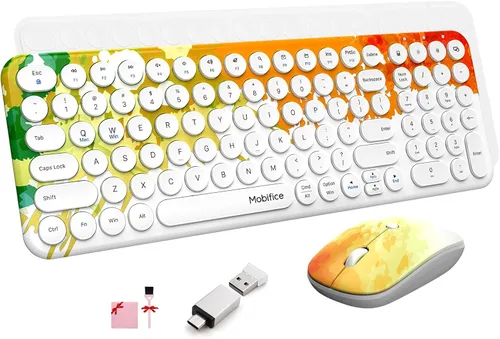 Vista 9 de Juego de teclado y mouse inalámbricos 2.4G, delgado, lindo, inalámbrico, tamaño compacto, silencioso, retro, para PC, laptop, ventanas, Mac